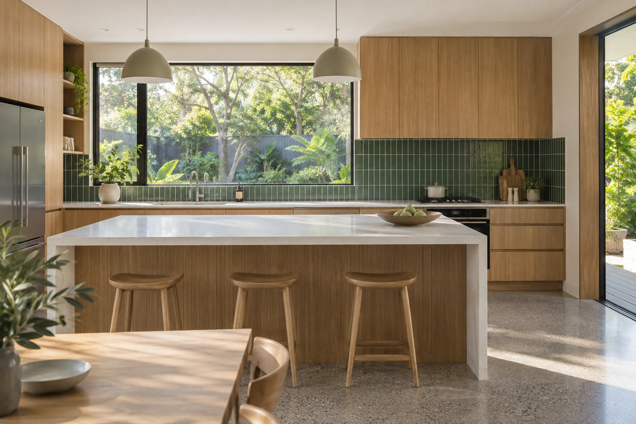 Timber kitchen with green tiles and a garden-facing window