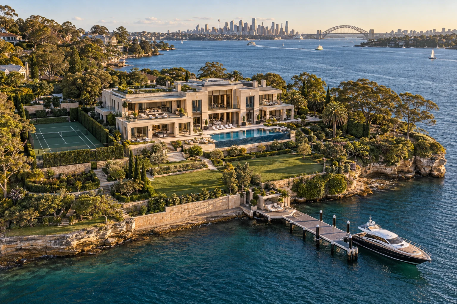 An expansive Sydney Harbour waterfront estate with pool, tennis court and private jetty