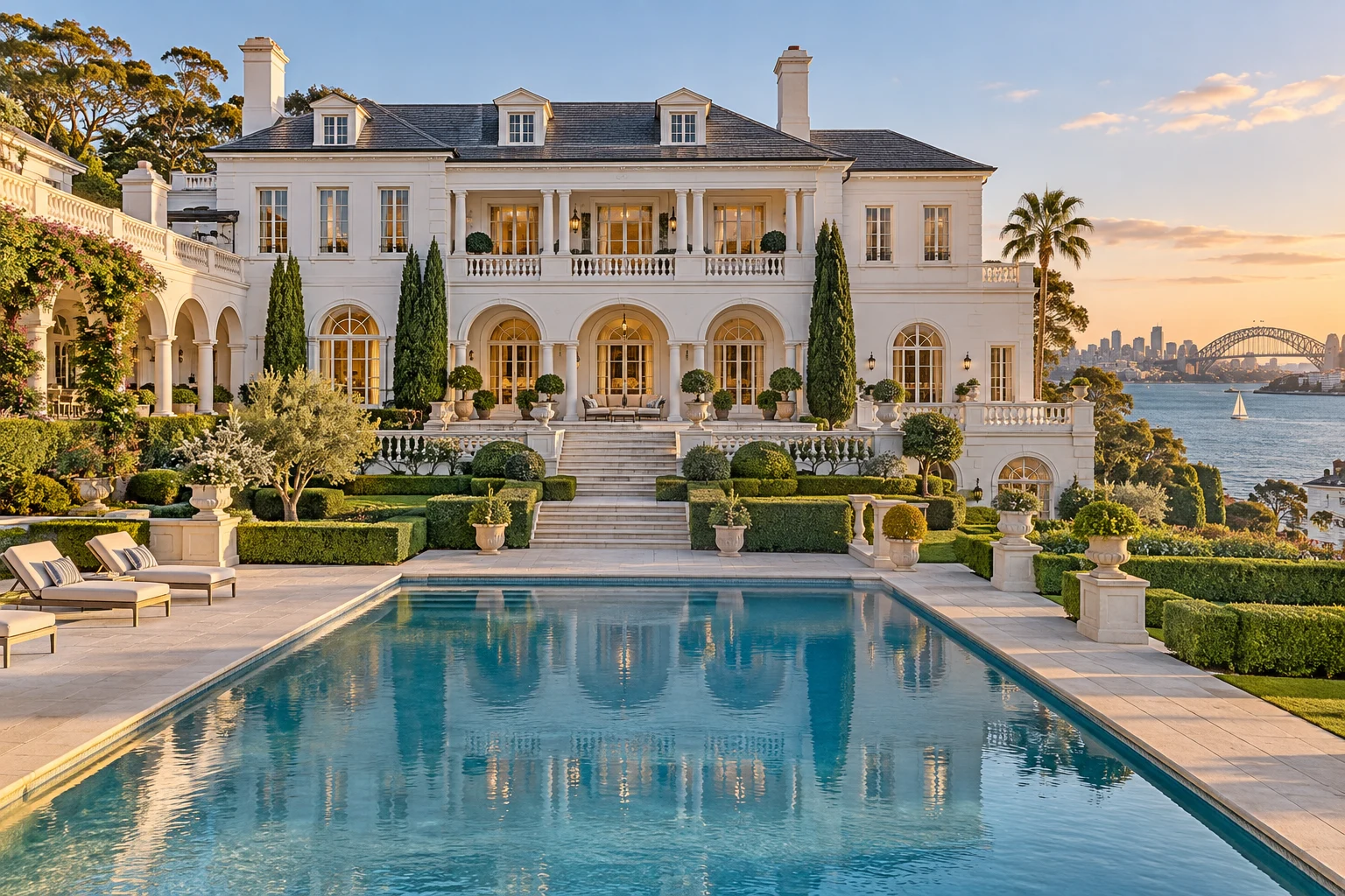 A grand classical Australian coastal mansion with gardens and swimming pool
