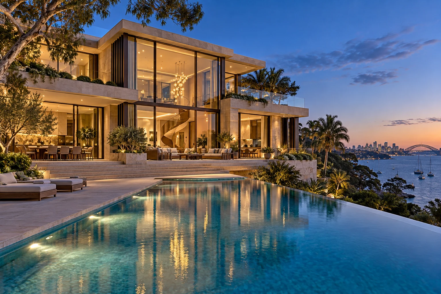 A grand contemporary Australian waterfront mansion at twilight