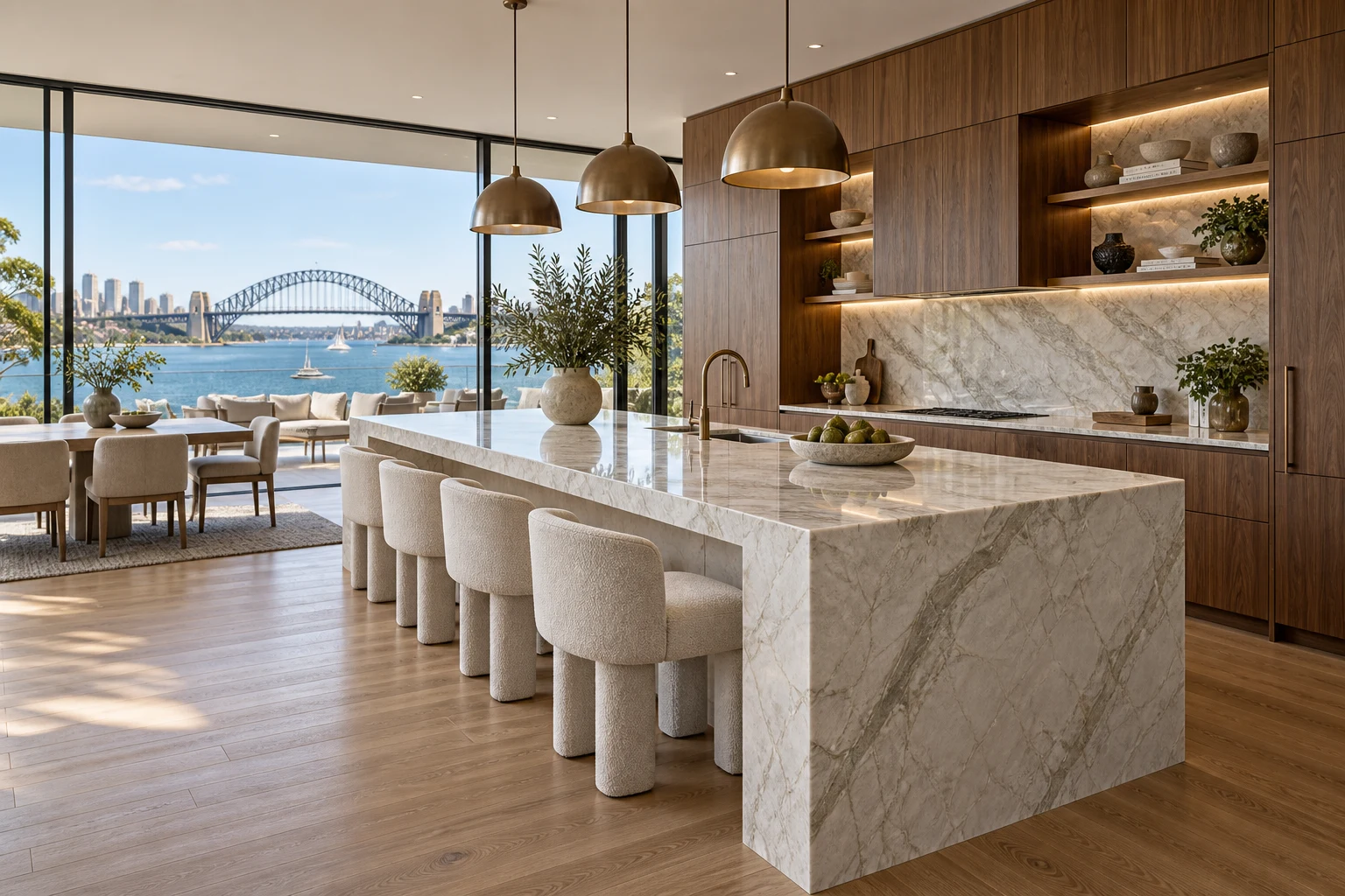 A luxury quartzite and walnut kitchen overlooking Sydney Harbour