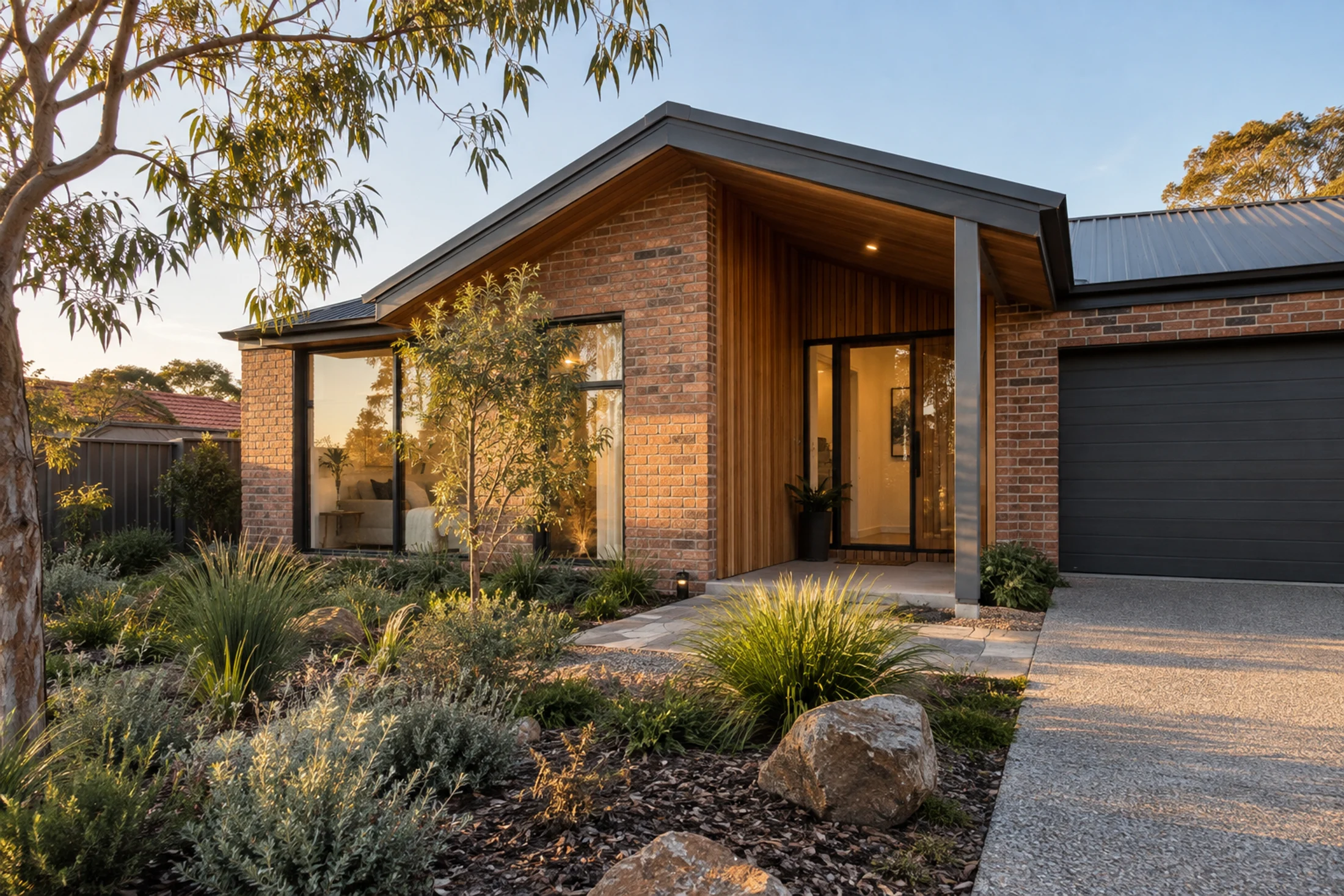 Contemporary Australian brick home with timber entry and native landscaping