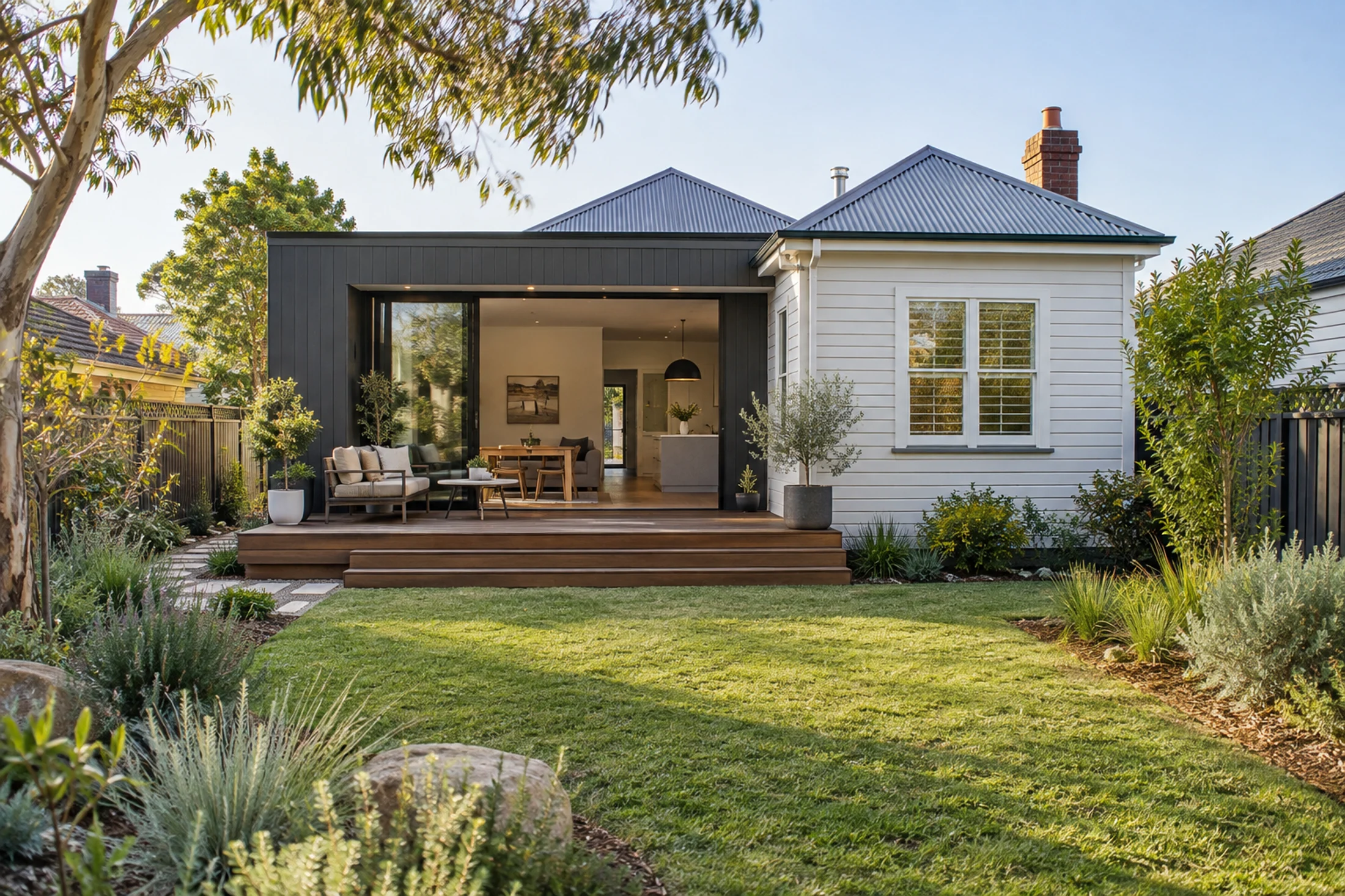 Traditional Australian weatherboard family home and garden
